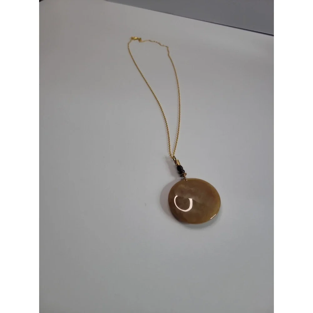 Gold Tone Tan Brown Round Disc Pendant Necklace Marbled Statement Boho Jewelry